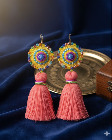 Háčkované dizajnové náušnice "Korenený pomaranč"